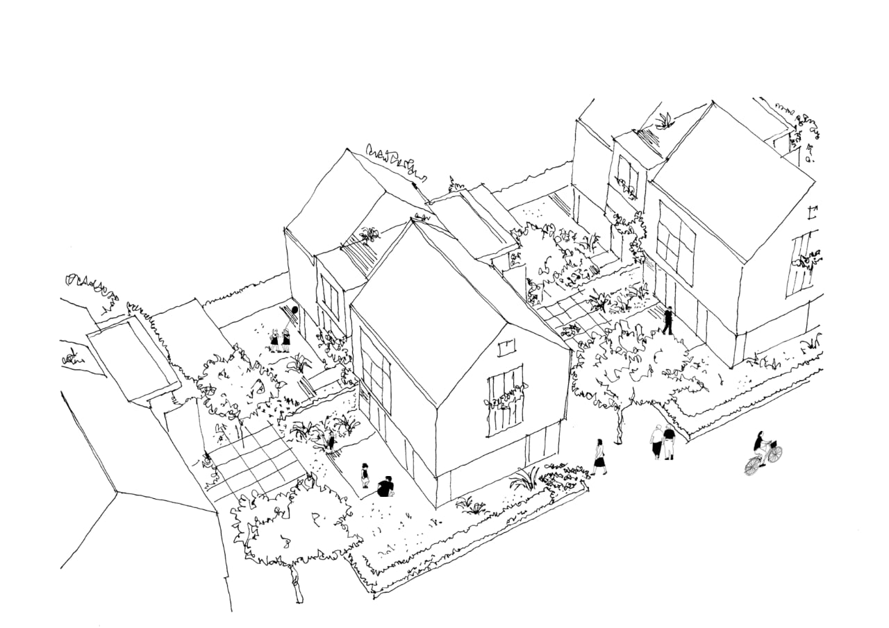 Projektentwicklung für ein nachbarschaftlich orientiertes Mehrgenerationenwohnen in Leverkusen Hitdorf, format3 gmbh, Skizze Perspektive