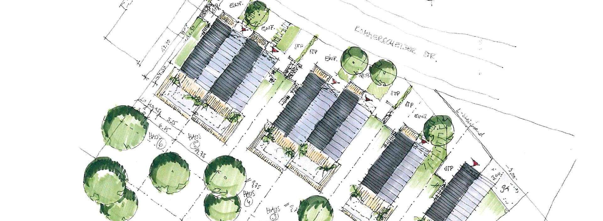 Skizze Gartenplan Planung von 4 Doppelhaushälften und 2 Einfamilienhäuser | Grundstück mit steiler Hanglage und Buchenwaldbestand, format3 gmbh