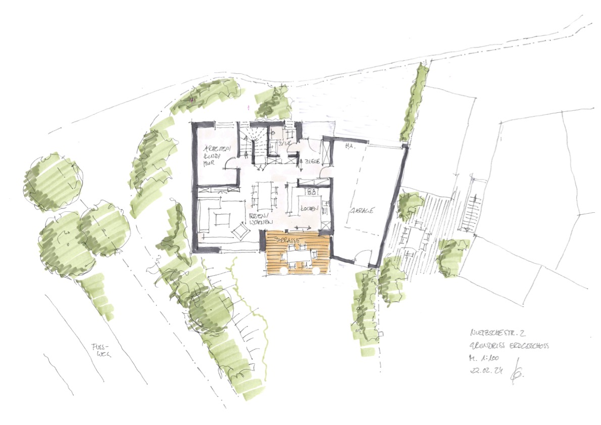 Skizze EG, Neubau Einfamilienhaus in Leverkusen, format3 architekten+ingenieure