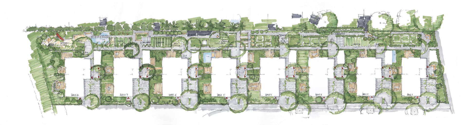 Projektentwicklung für ein nachbarschaftlich orientiertes Mehrgenerationenwohnen in Leverkusen Hitdorf, format3 gmbh, Skizze Gartenplan